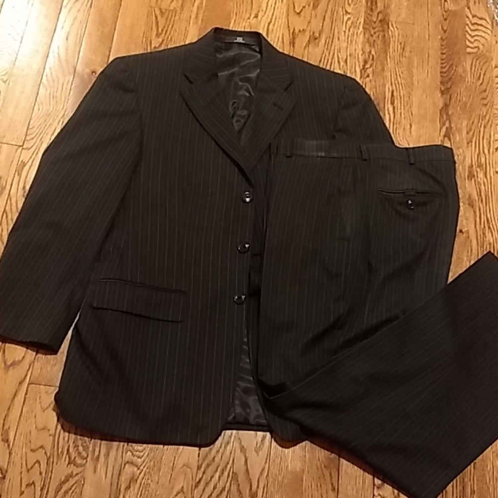 Men's black multi colored pinstripe suit.